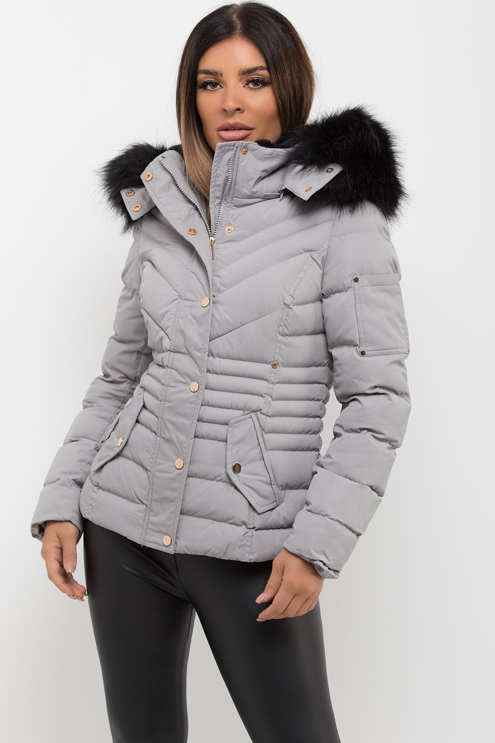 puffer coat with faux fur hood for womens