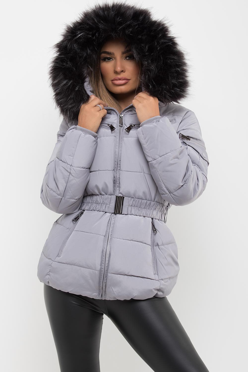 fur hood puffer jacket with belt