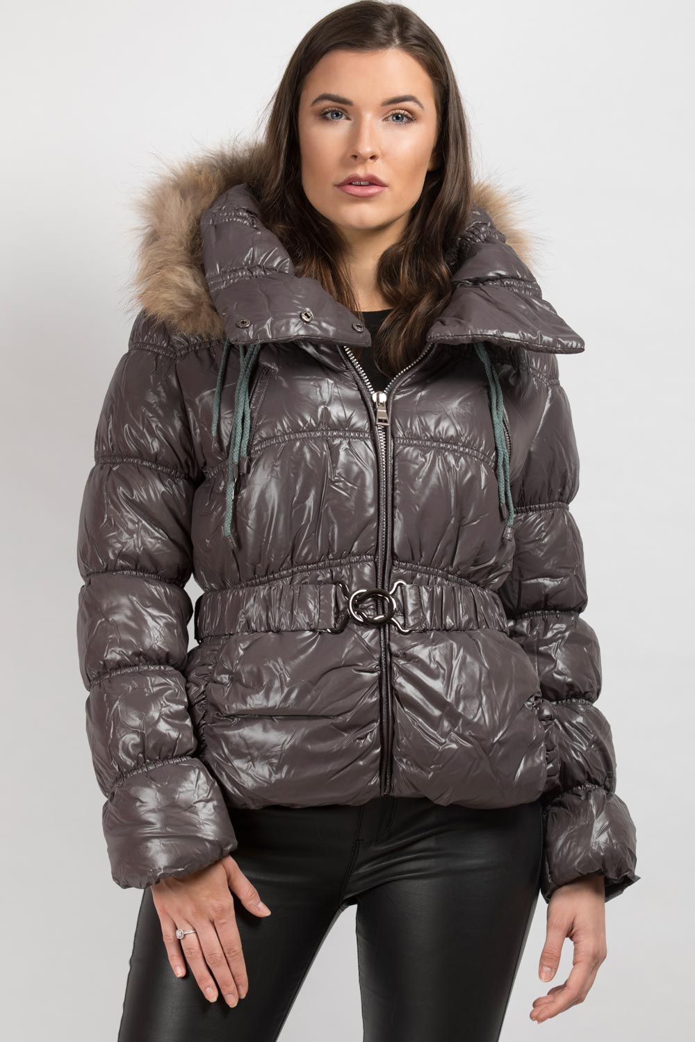 natural fur hooded puffer coat grey