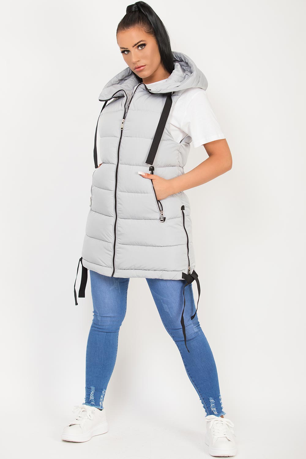 grey hooded puffer gilet womens