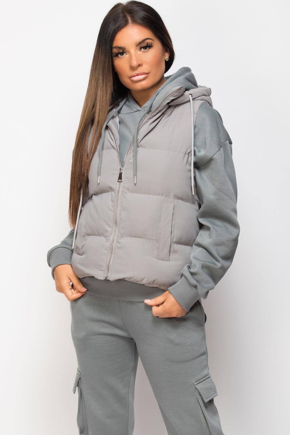 grey padded hooded gilet grey
