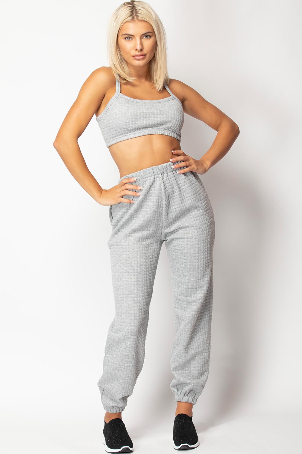 grey quilted joggers and top set womens