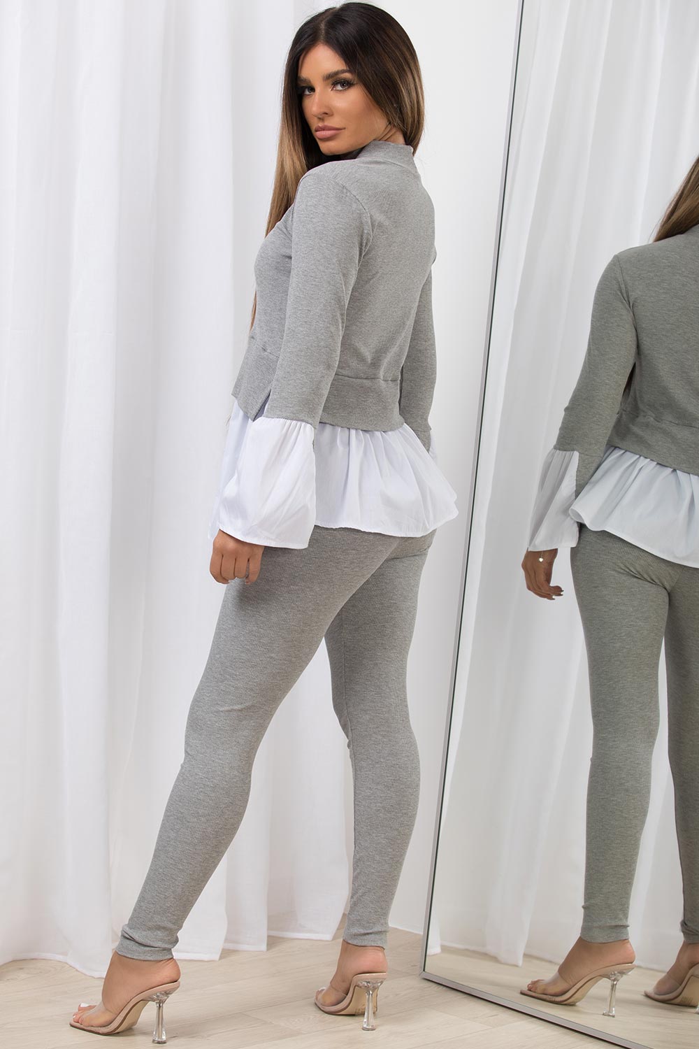 frill hem jumper shirt and ribbed leggings co ord set womens