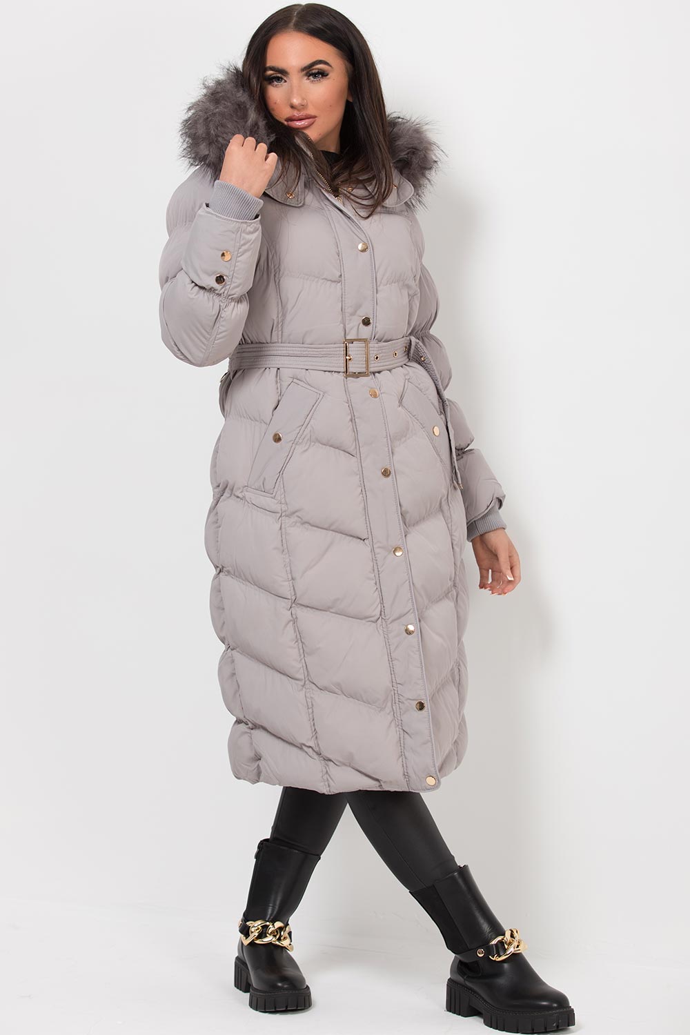 womens long puffer coat grey