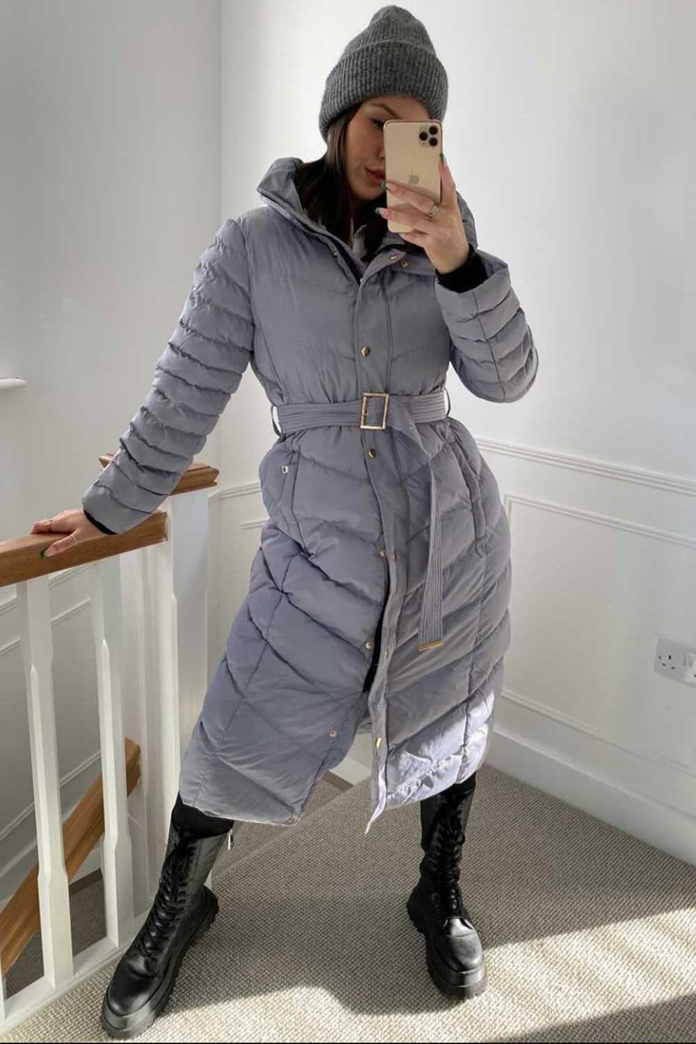 grey puffer down coat with belt womens