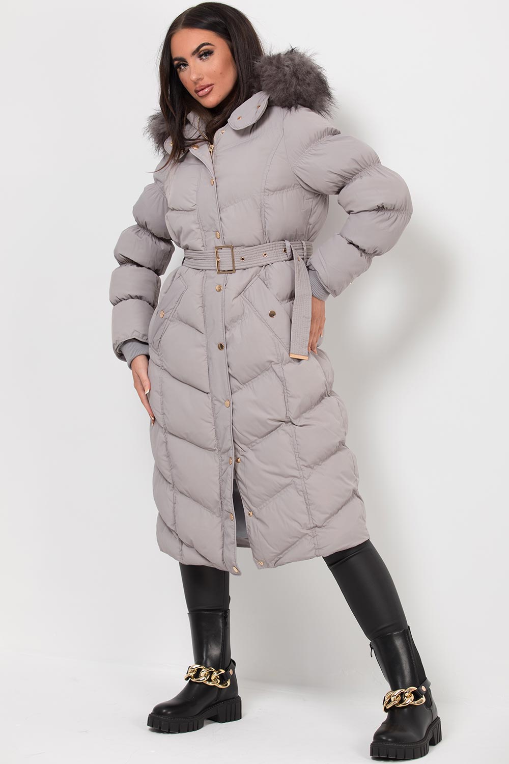 womens long puffer jacket grey