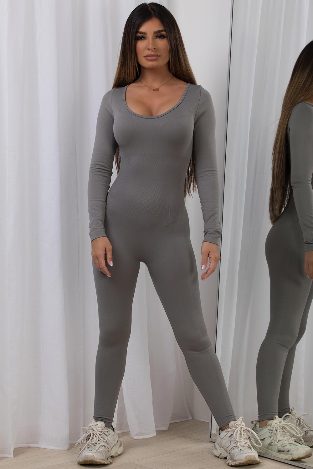 long sleeve jumpsuit unitard grey