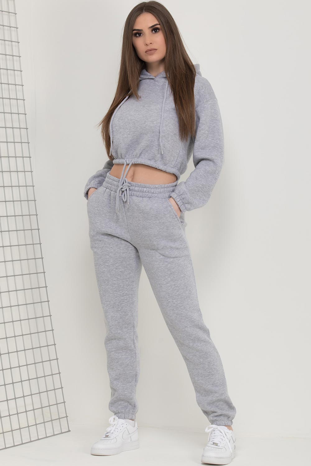 crop hoodie with drawstring hem and joggers lounge set grey