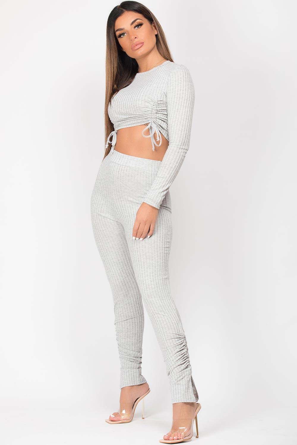 ruched front two piece set grey