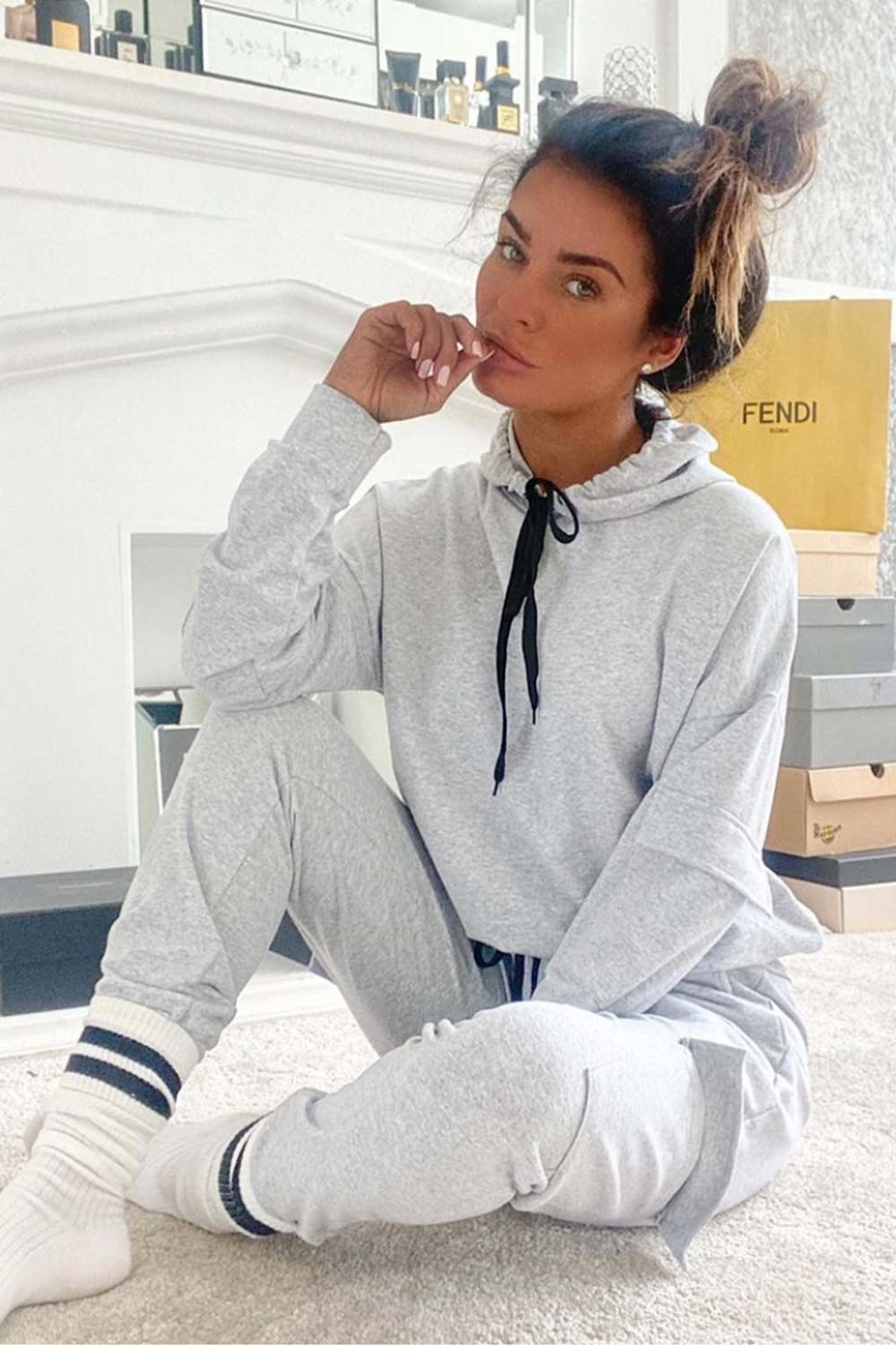 grey oversized hooded tracksuit set womens