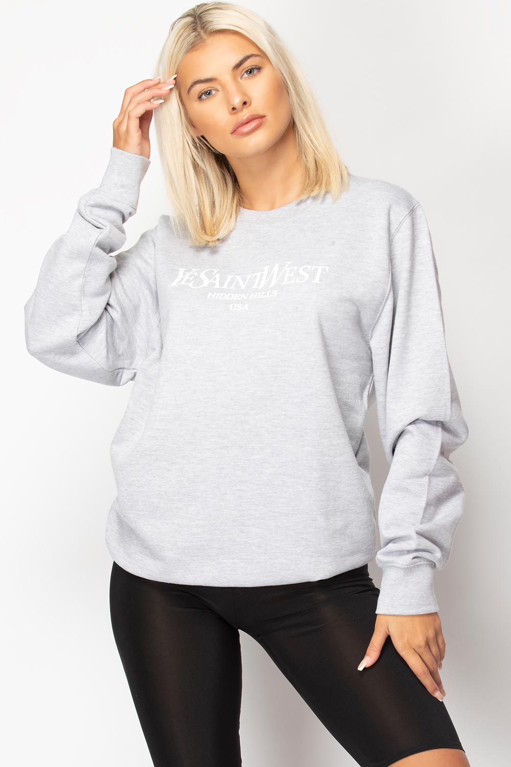 grey oversized sweatshirt with ye saint west slogan
