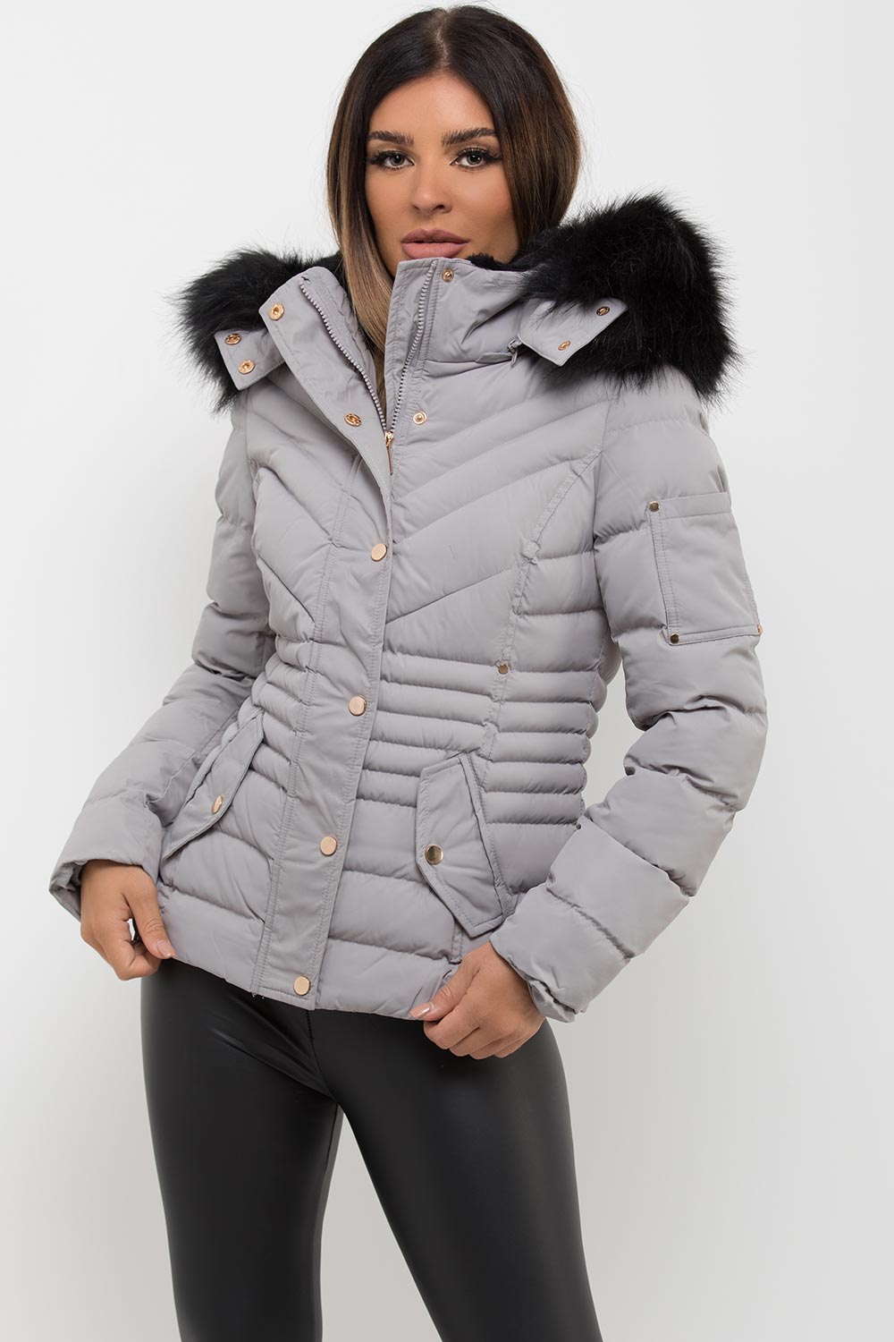 puffer jacket with fur hood for womens