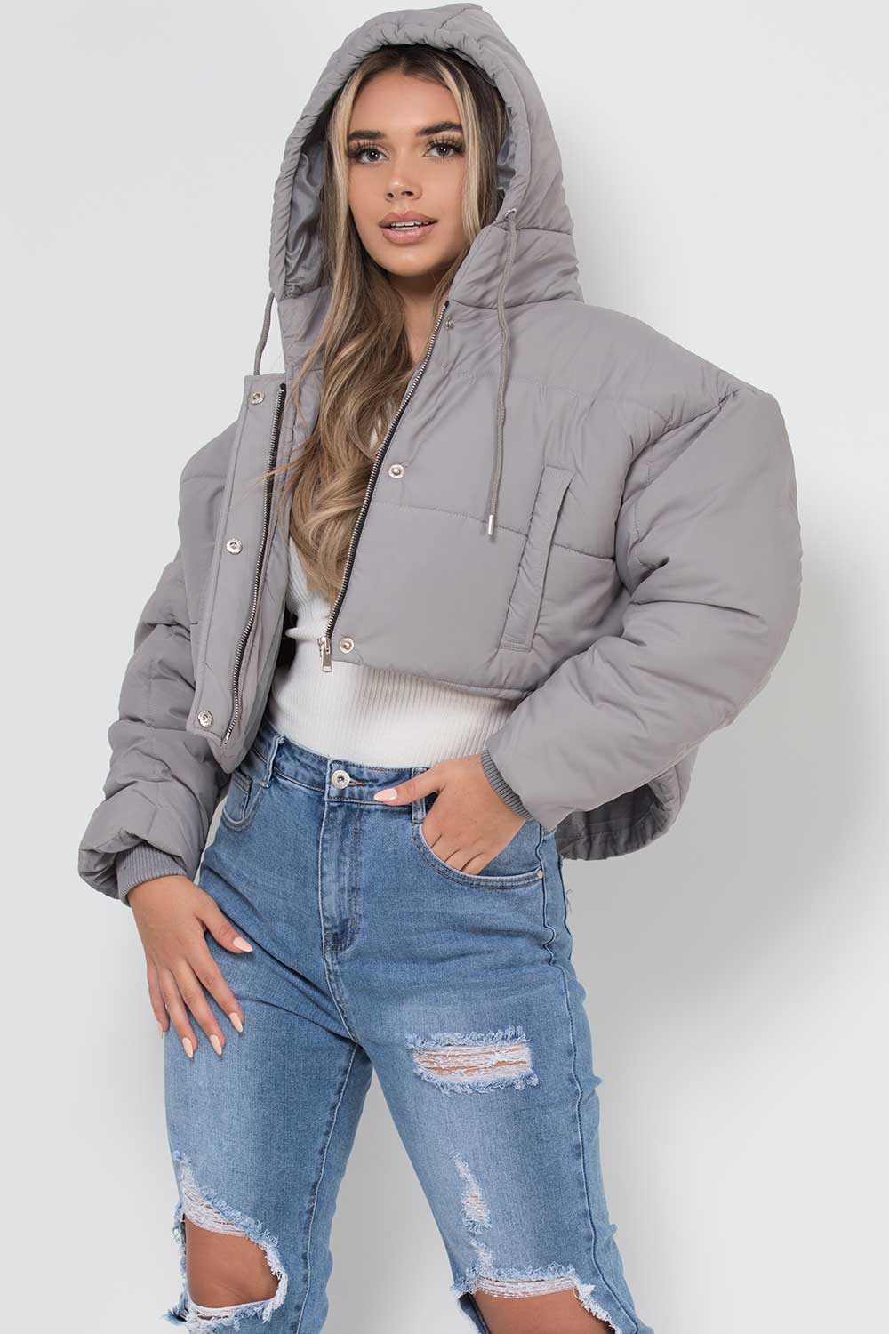 womens cropped puffer jacket with hood