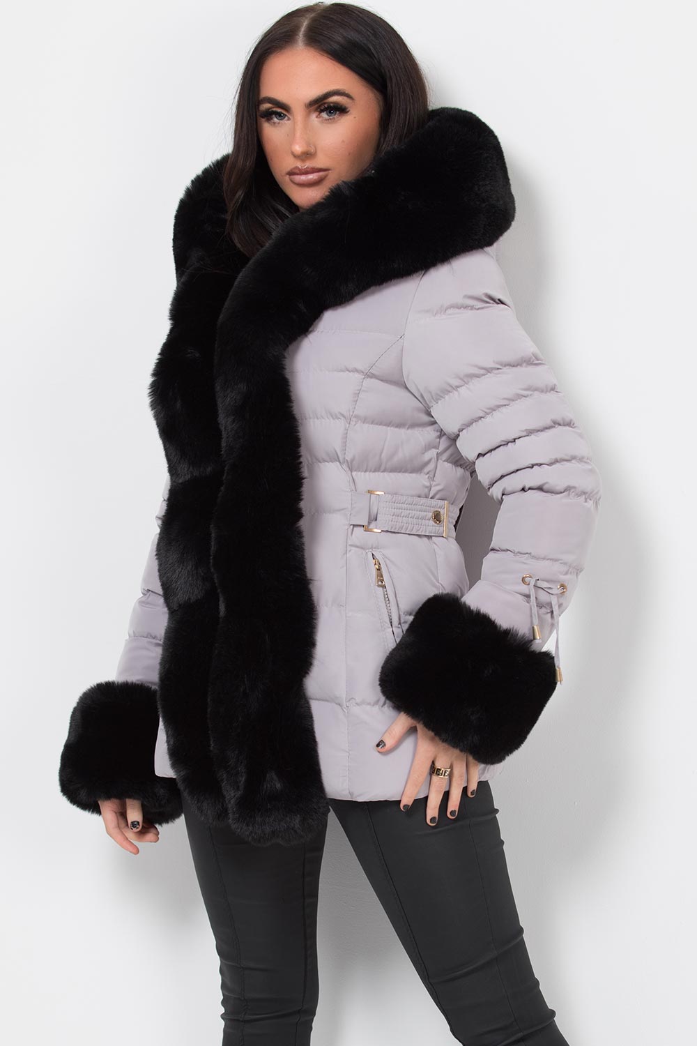 faux fur hood puffer coat grey
