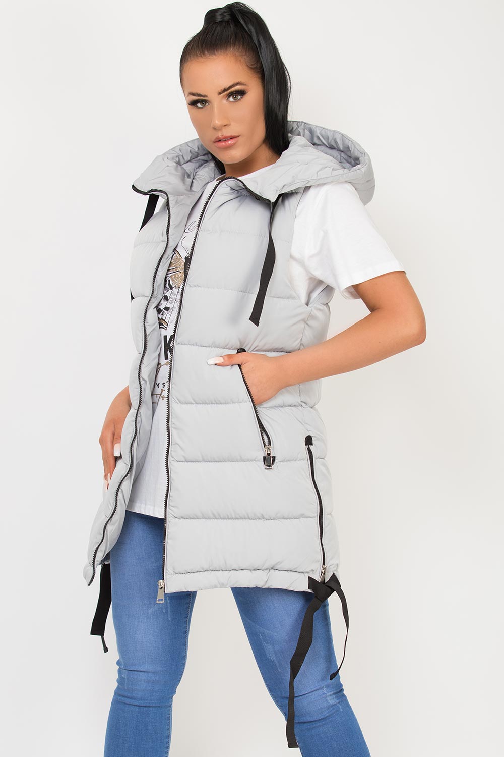 womens hooded gilet grey