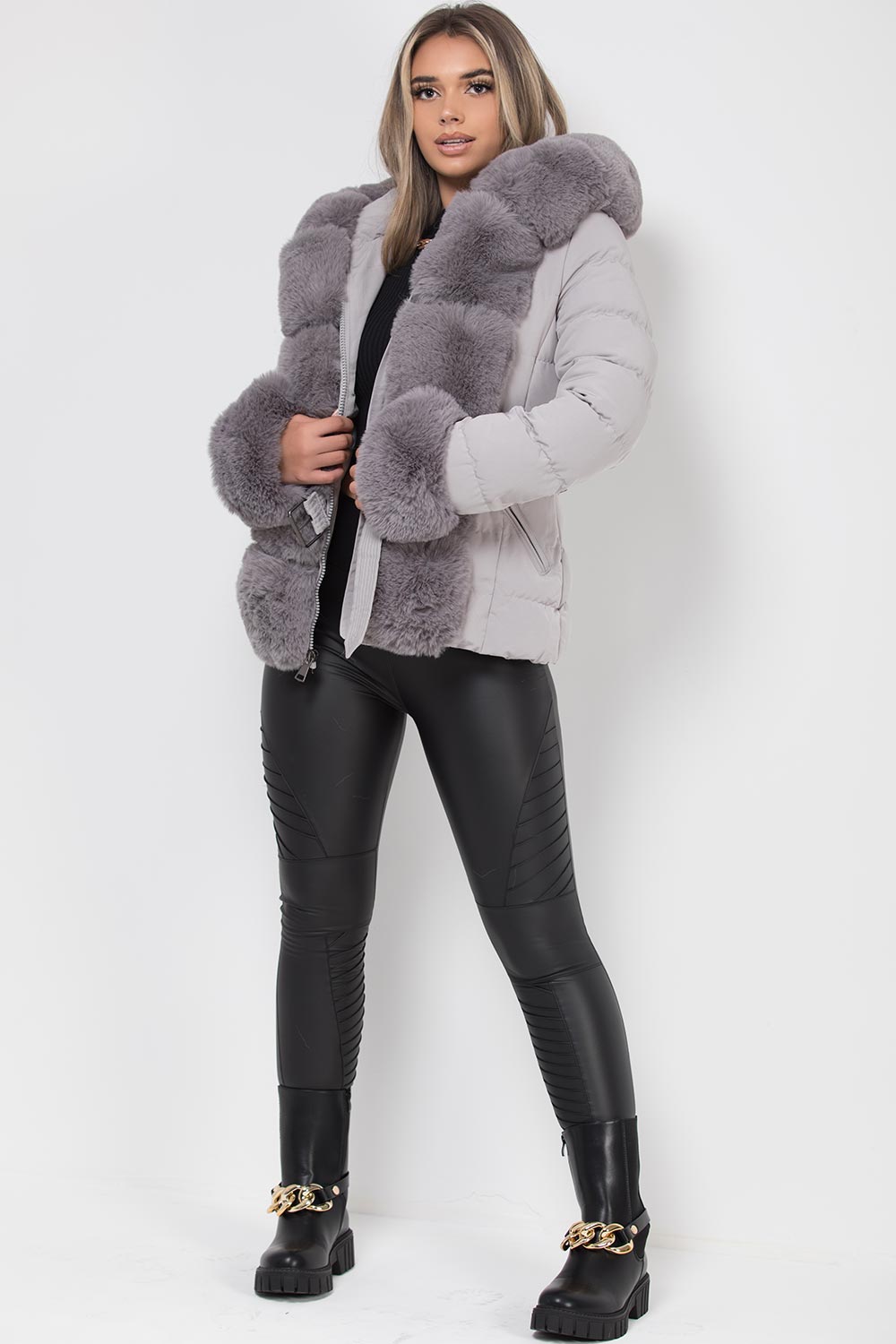 faux fur hood cuff trim puffer padded down jacket grey