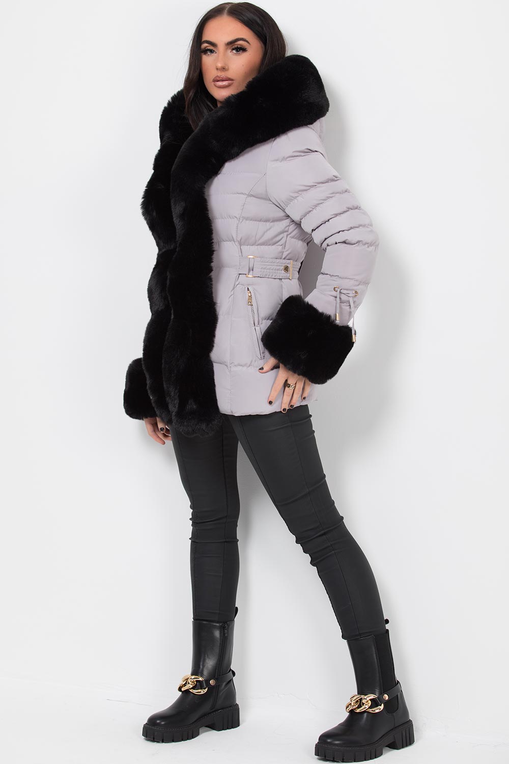 grey faux fur hood puffer coat
