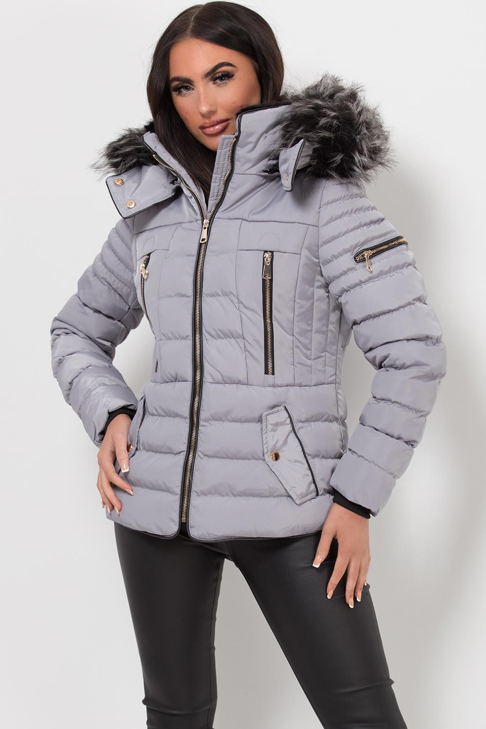 grey puffer jacket with fur hood