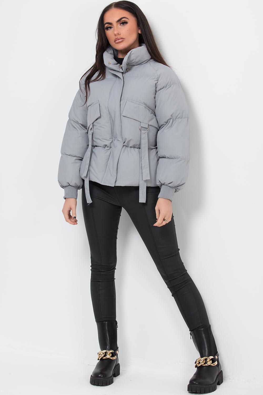 womens grey puffer jacket with drawstring waist