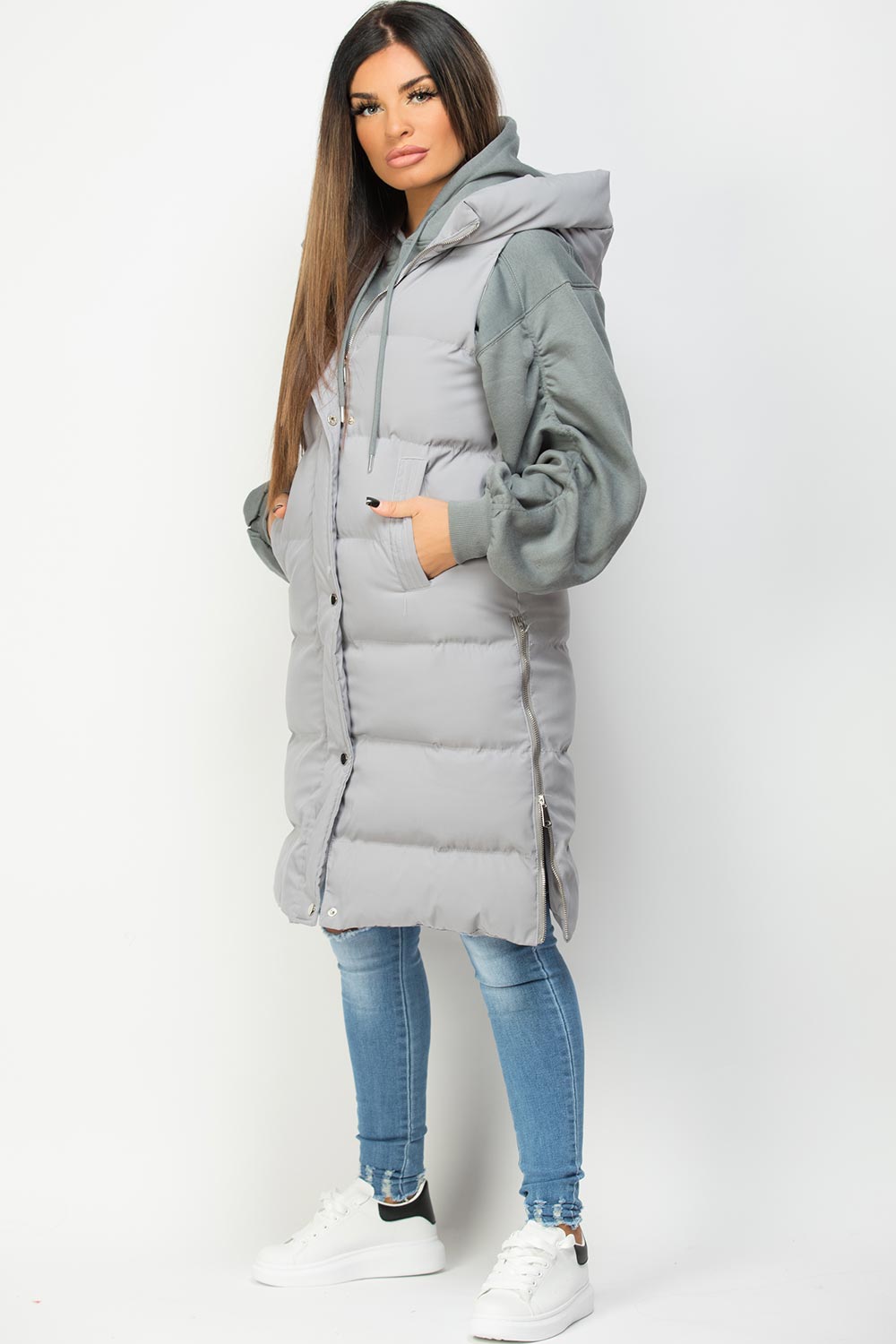 padded hooded puffer gilet grey