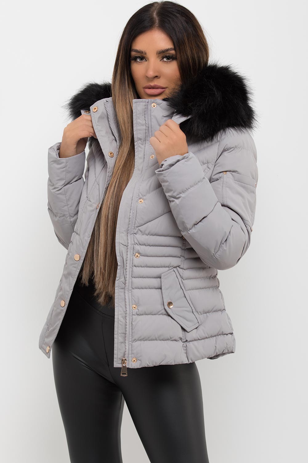 faux fur hood puffer padded jacket womens