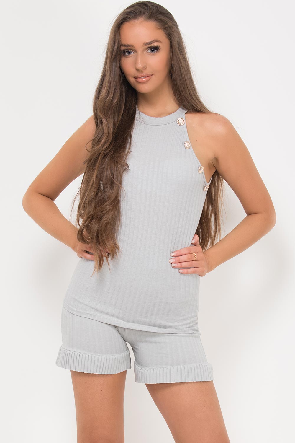 gold button ribbed top and shorts two piece set grey