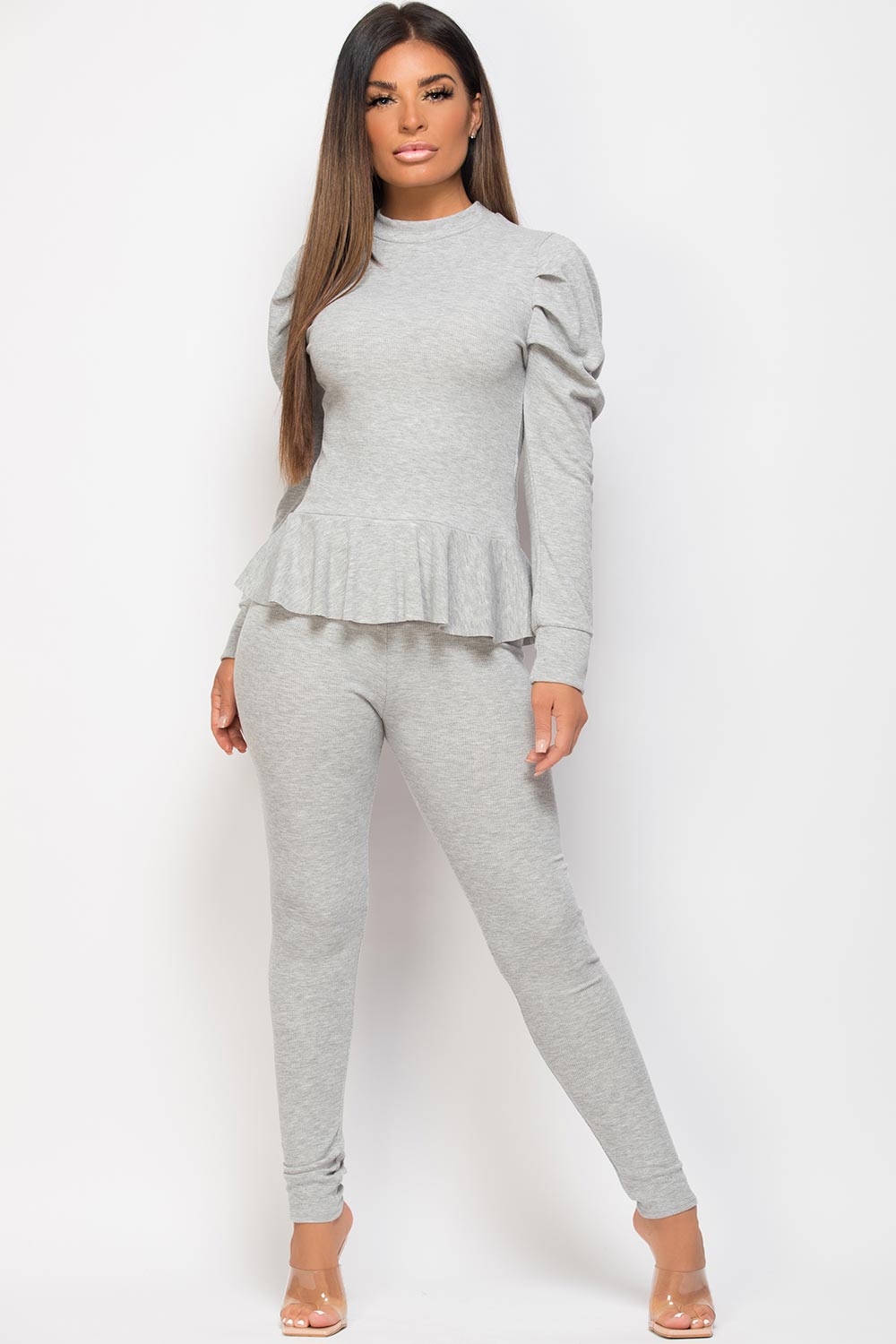 peplum frill hem lounge set ribbed