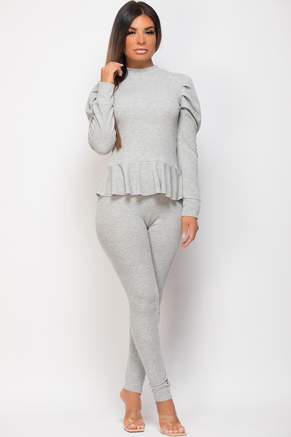 peplum frill hem loungewear set grey