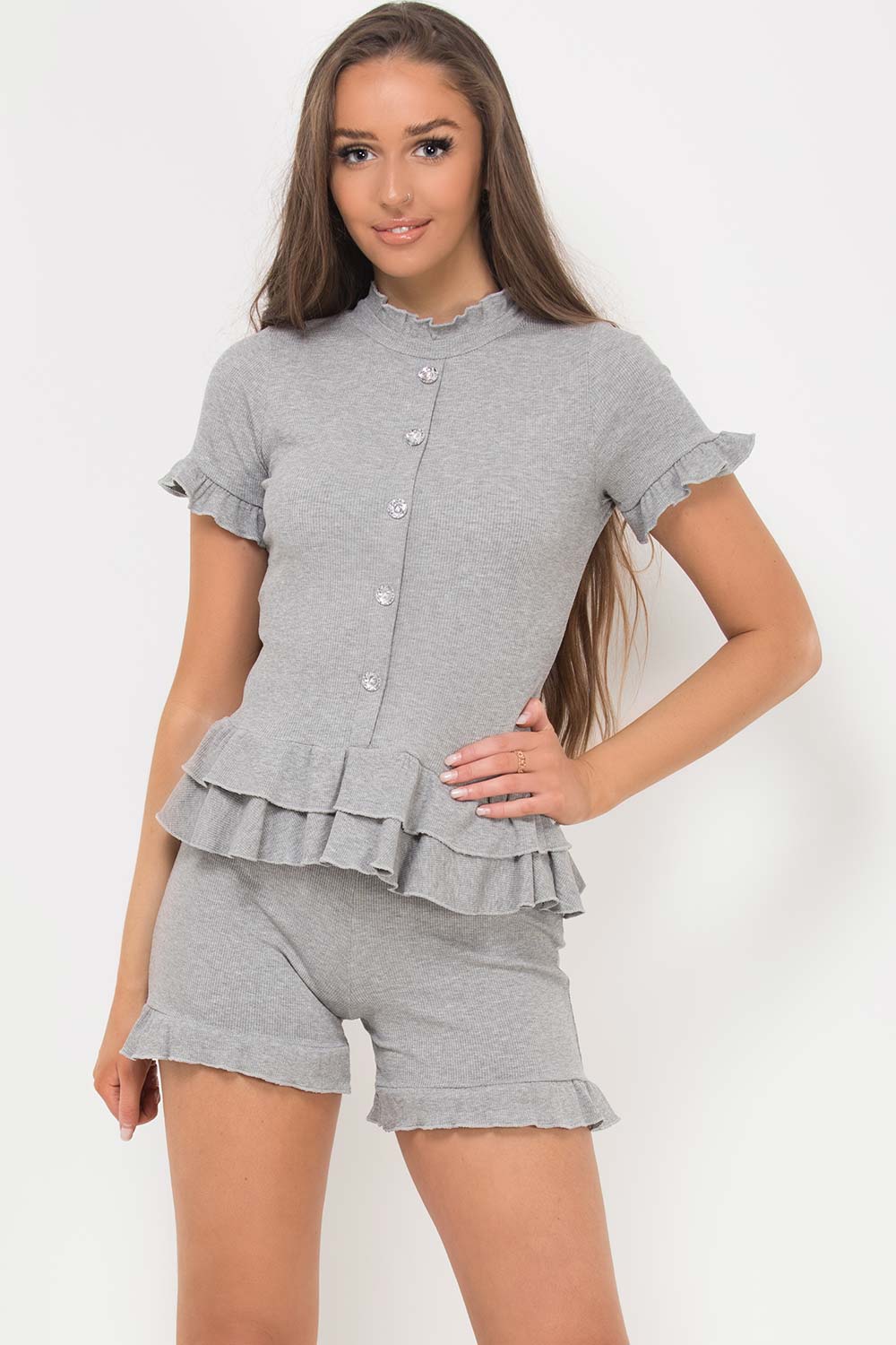 peplum frill hem ribbed button front two piece set