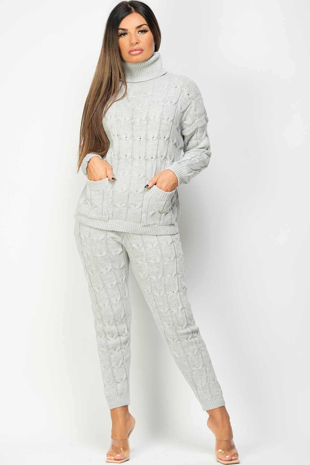 grey roll neck jumper and knitted leggings lounge set