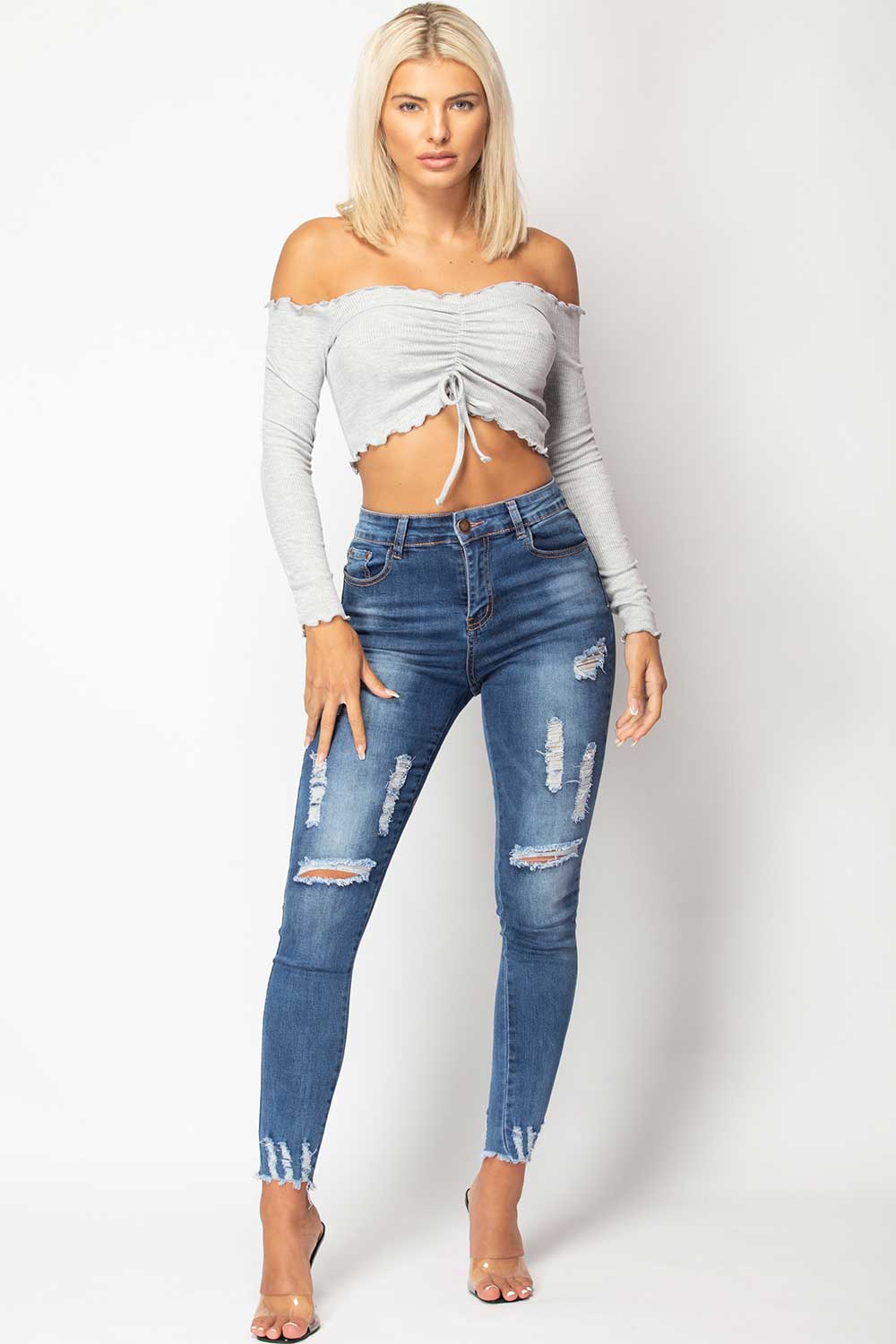 grey off shoulder long sleeve crop top
