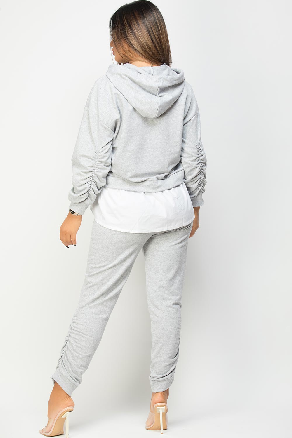 ruched front hooded loungewear set grey