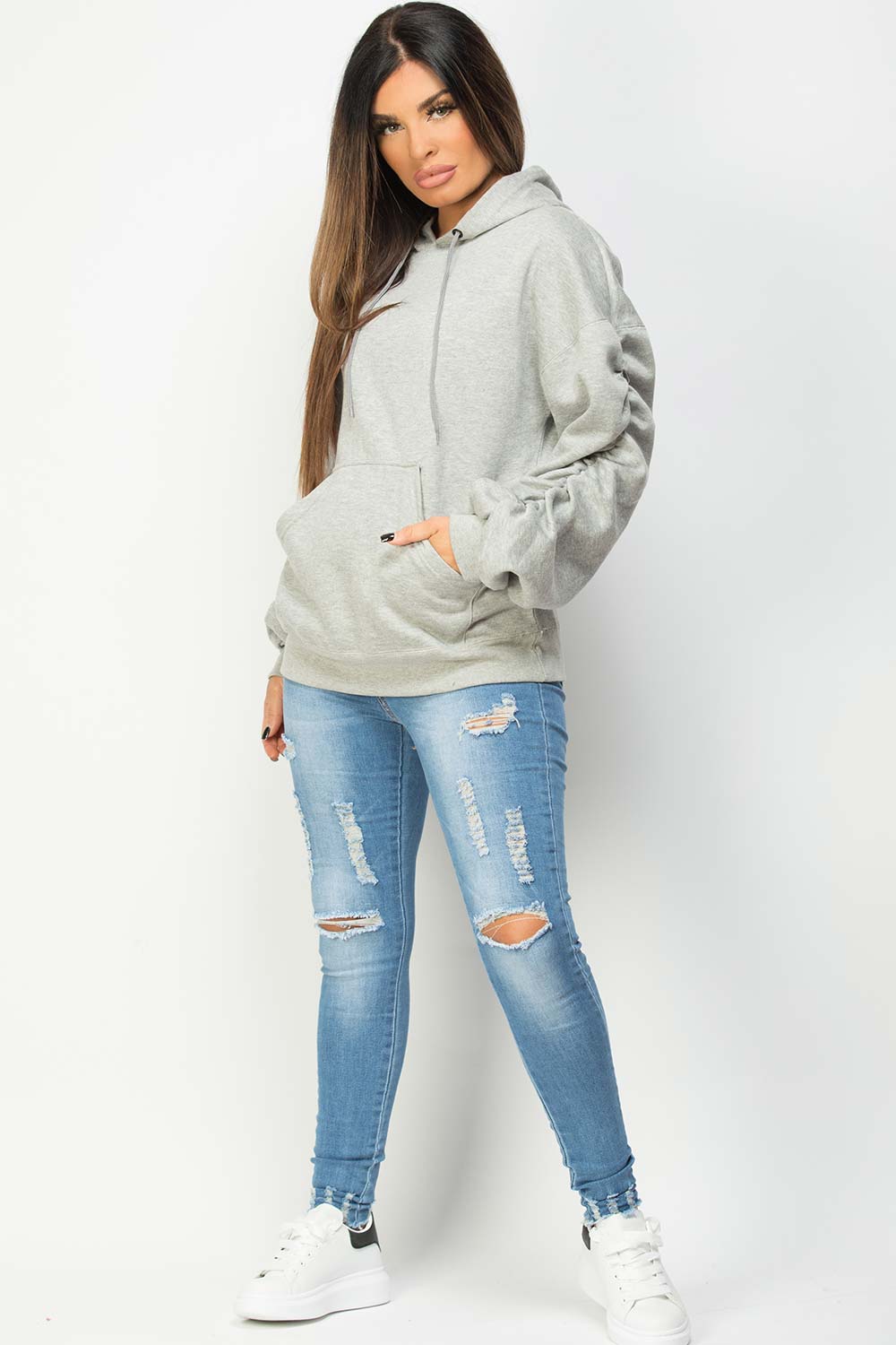 grey ruched balloon sleeve hoodie womens