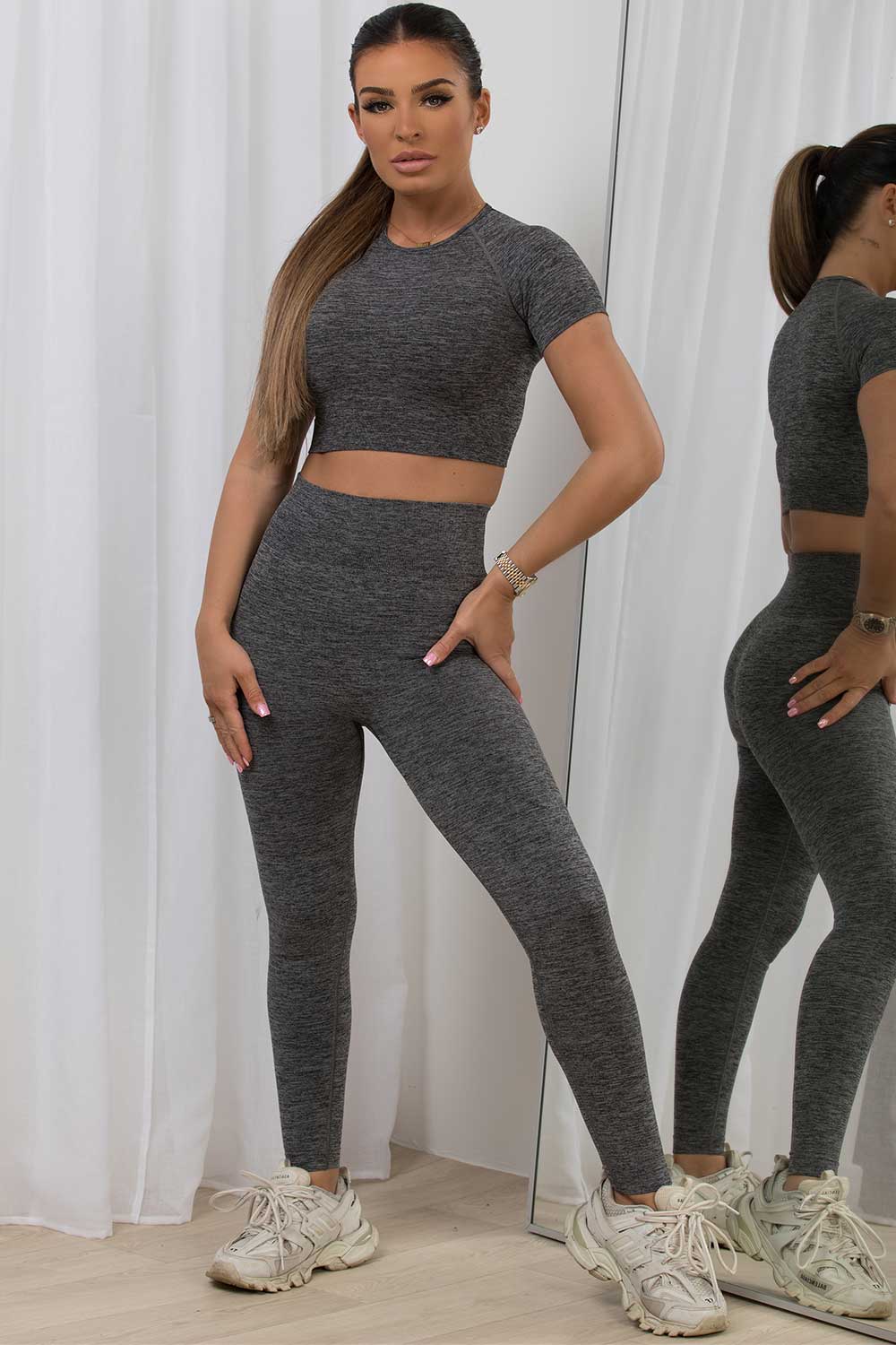 womens gym set grey seamless work out set