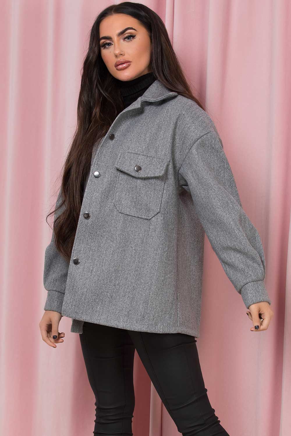 pocket front shacket grey womens