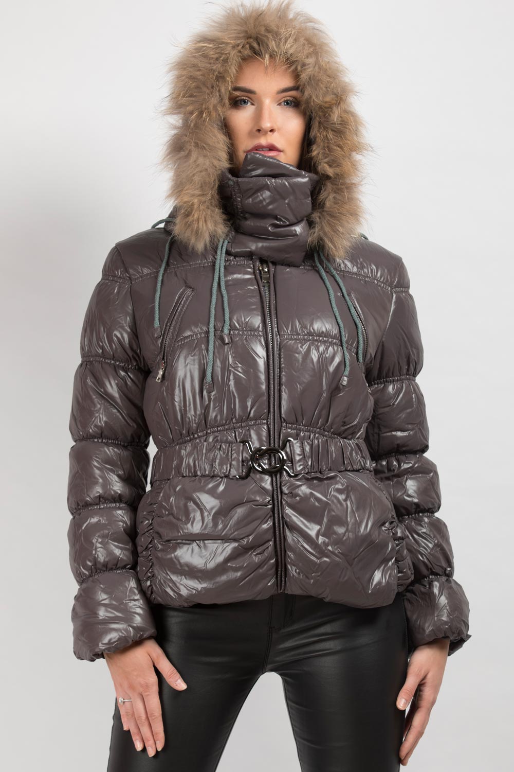 grey fur hooded coat