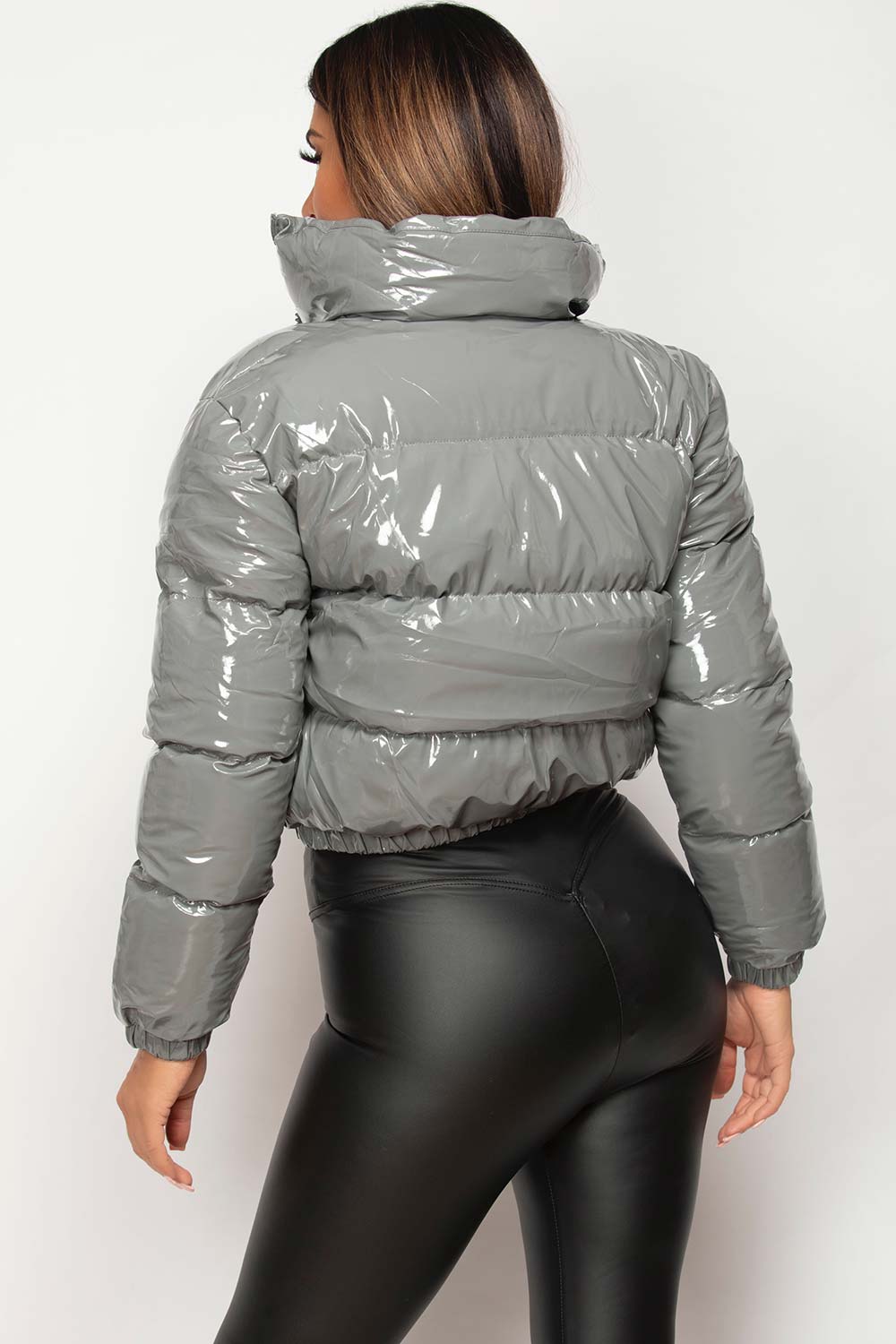 grey shiny wet look puffer jacket uk
