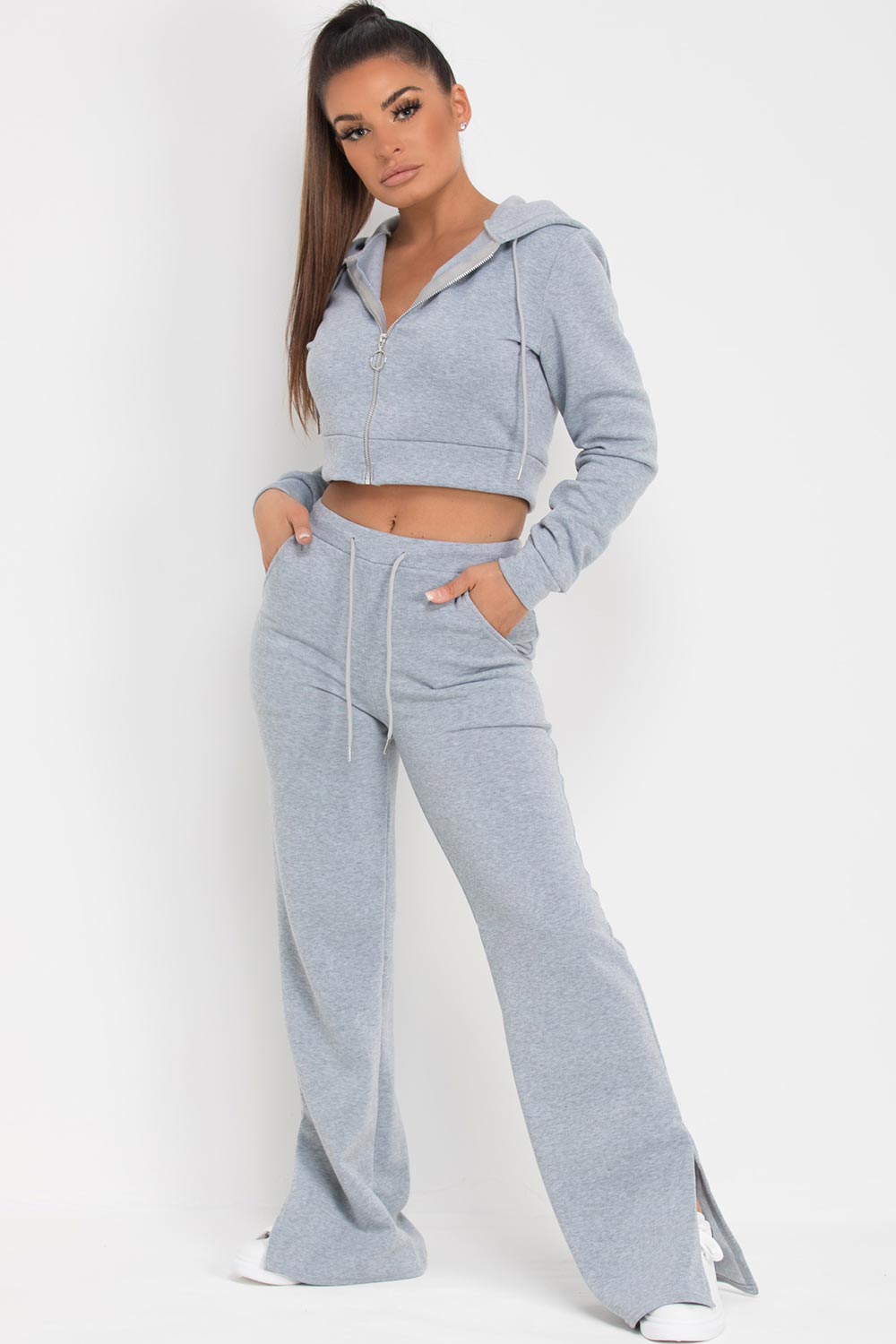 grey wide leg joggers crop hoodie loungewear set