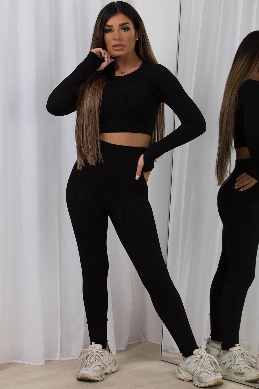 black ribbed loungewear co ord gym set womens