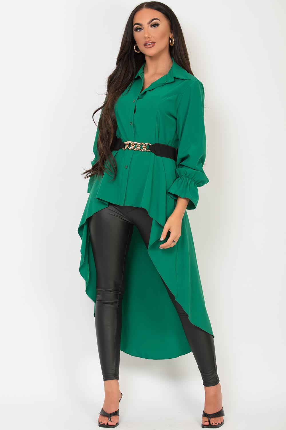 high low hem shirt with gold chain belt