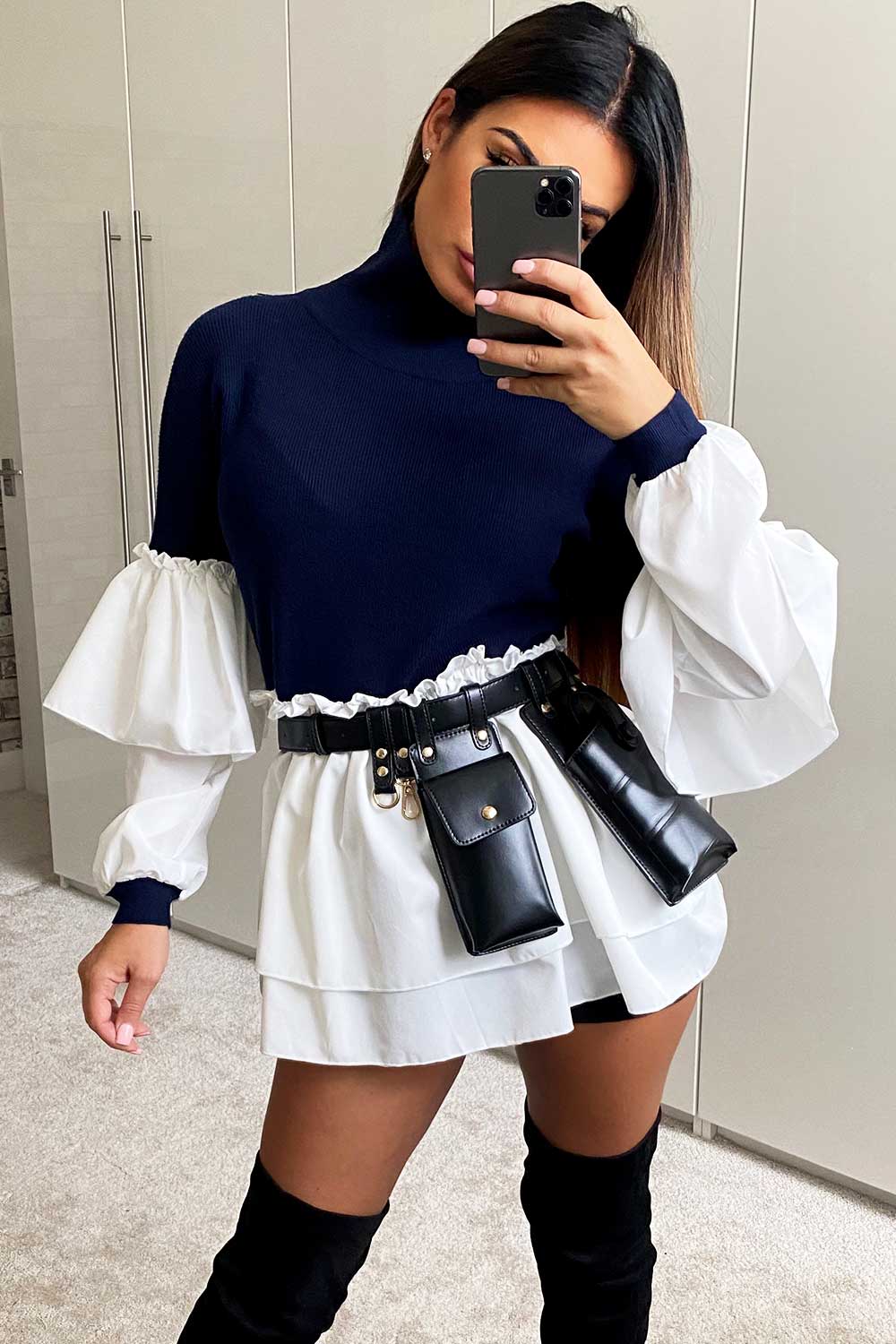 navy high neck shirt jumper