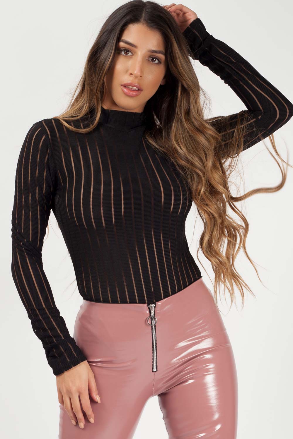 black ribbed long sleeve bodysuit