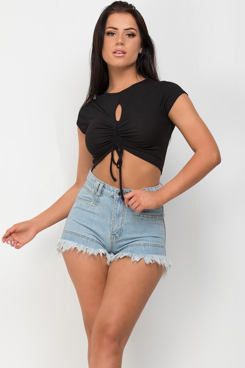 frayed hem light wash denim shorts