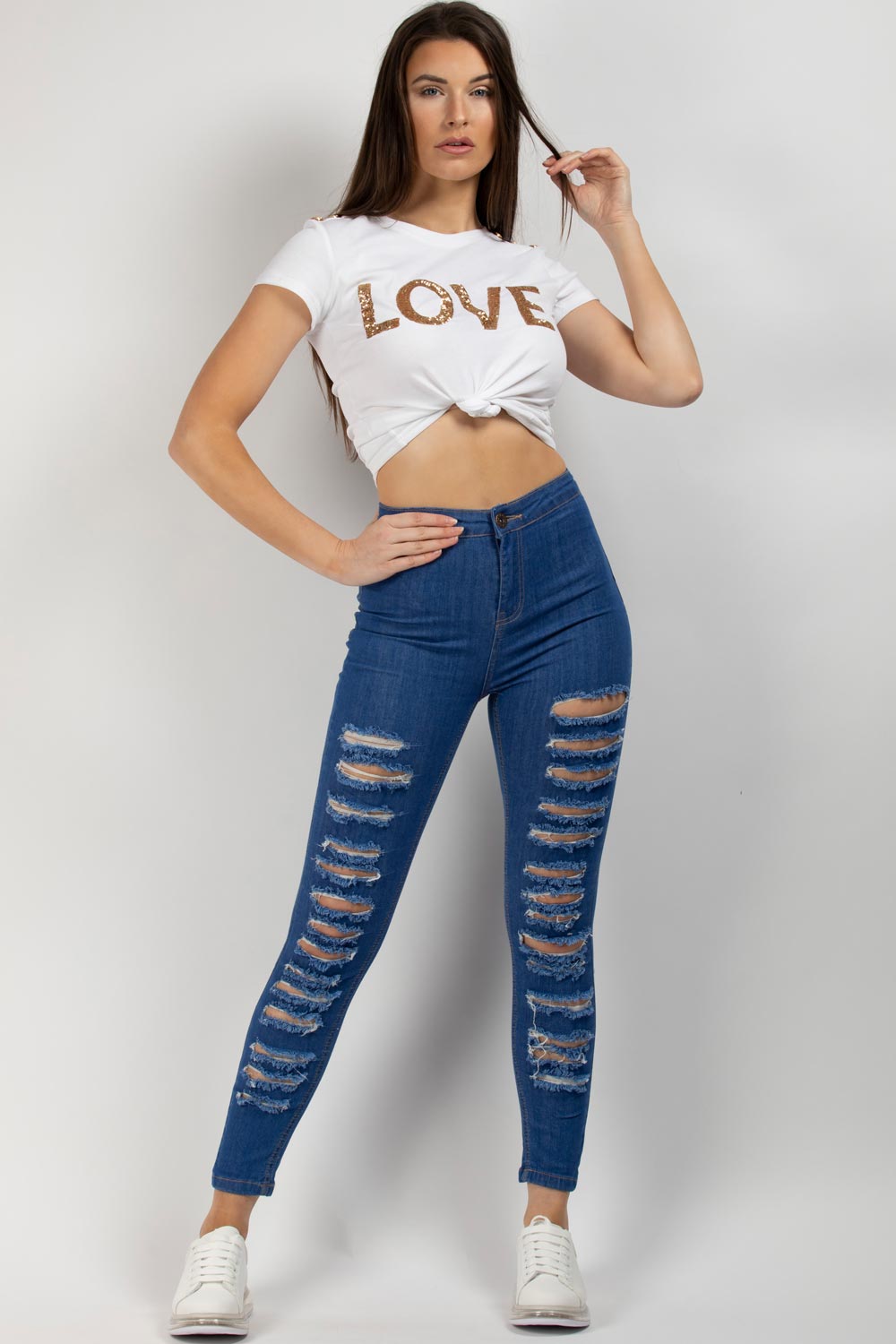 Mid Wash Blue Multi Rip High Waist Skinny Jeans
