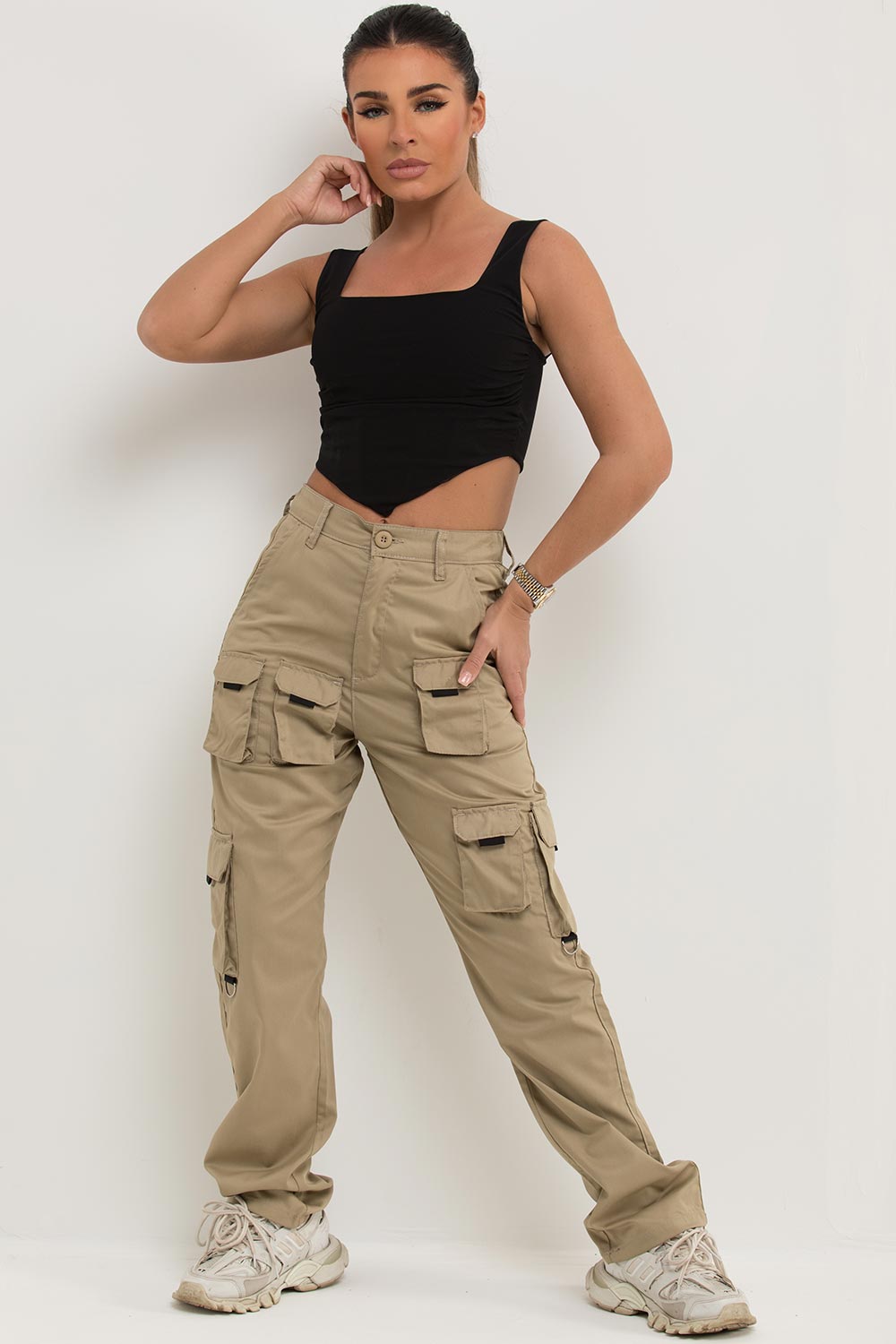 pocket straight leg high waisted cargo trousers