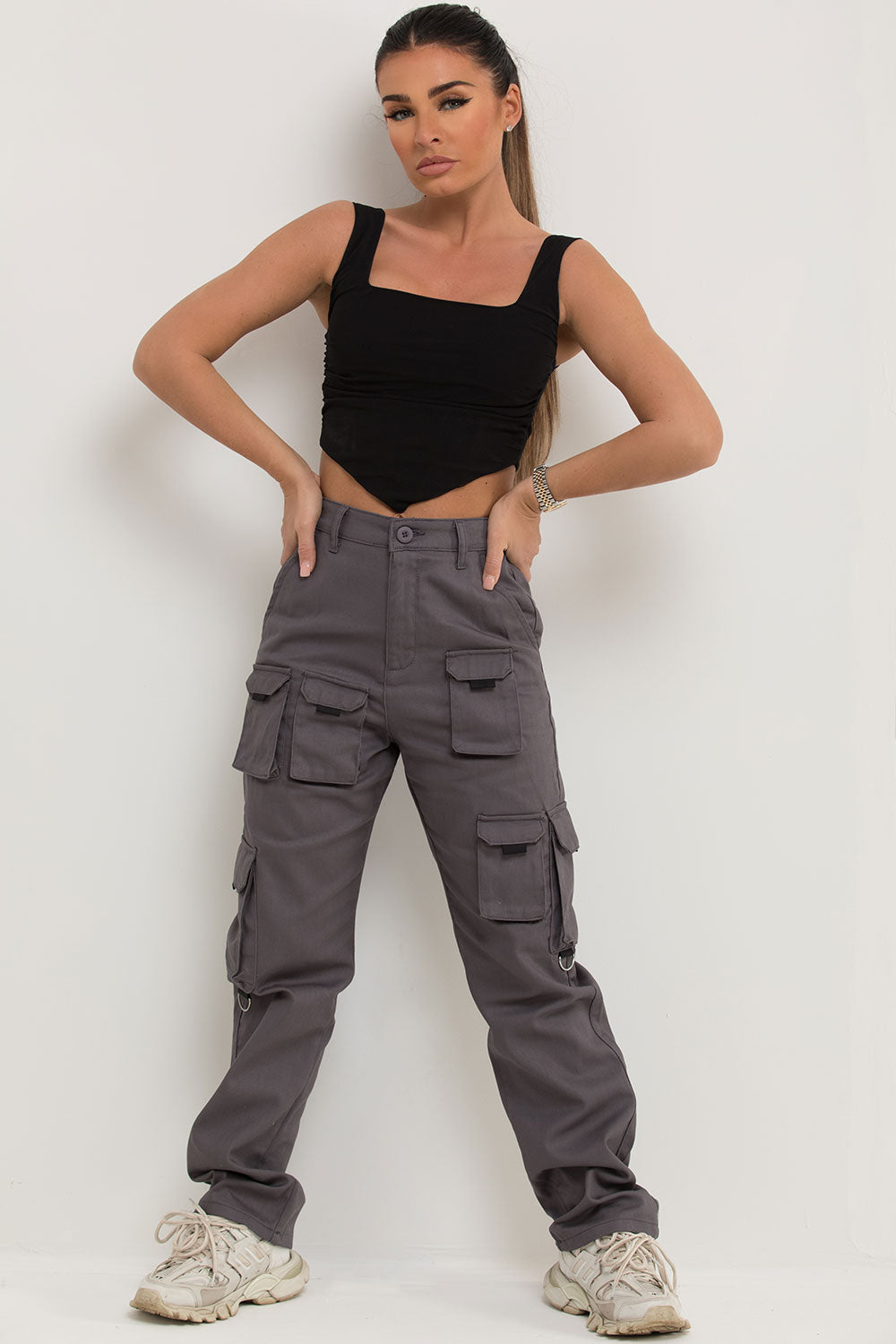 womens straight leg high waisted cargo trousers