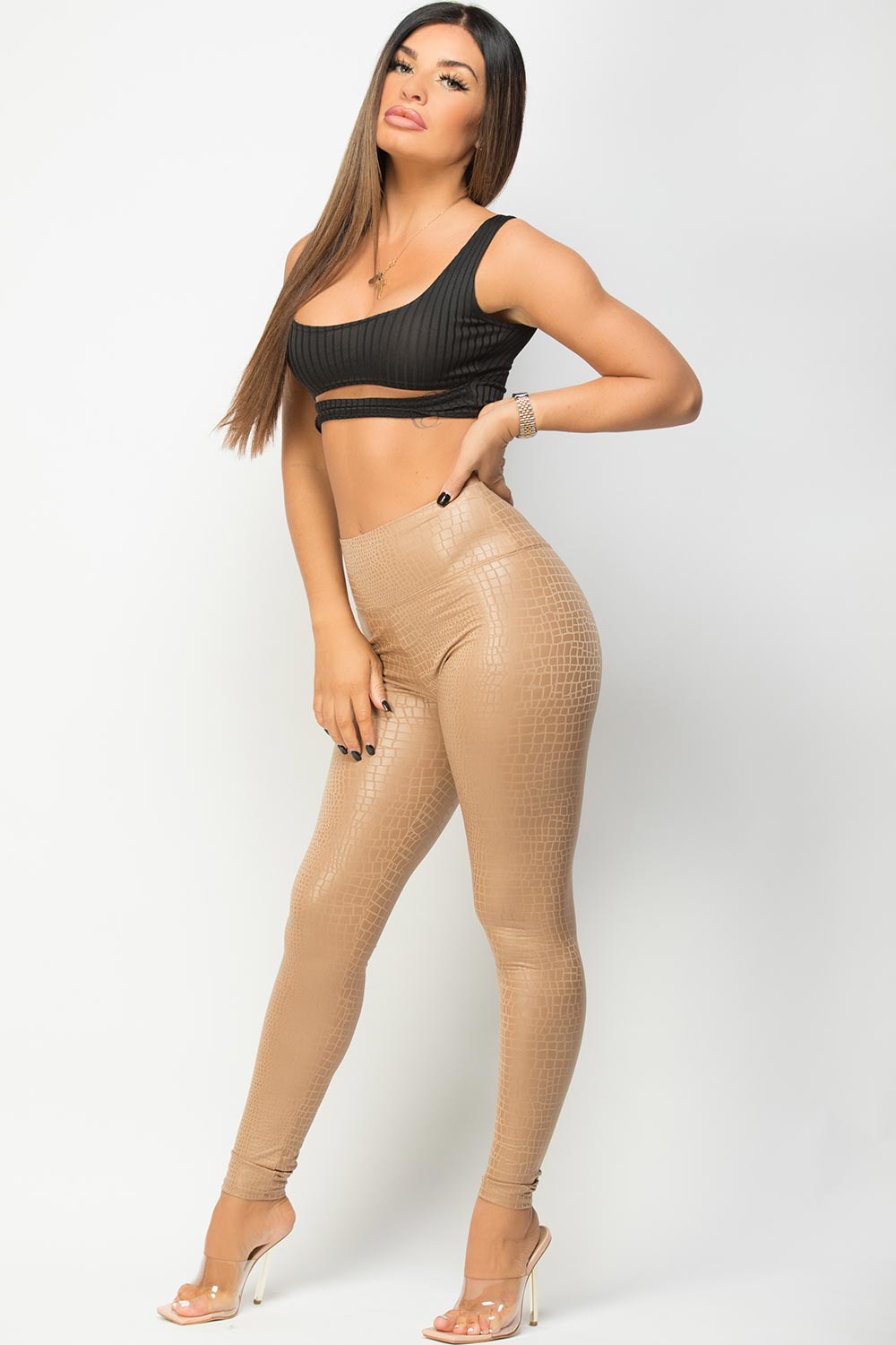 stone faux leather croc leggings