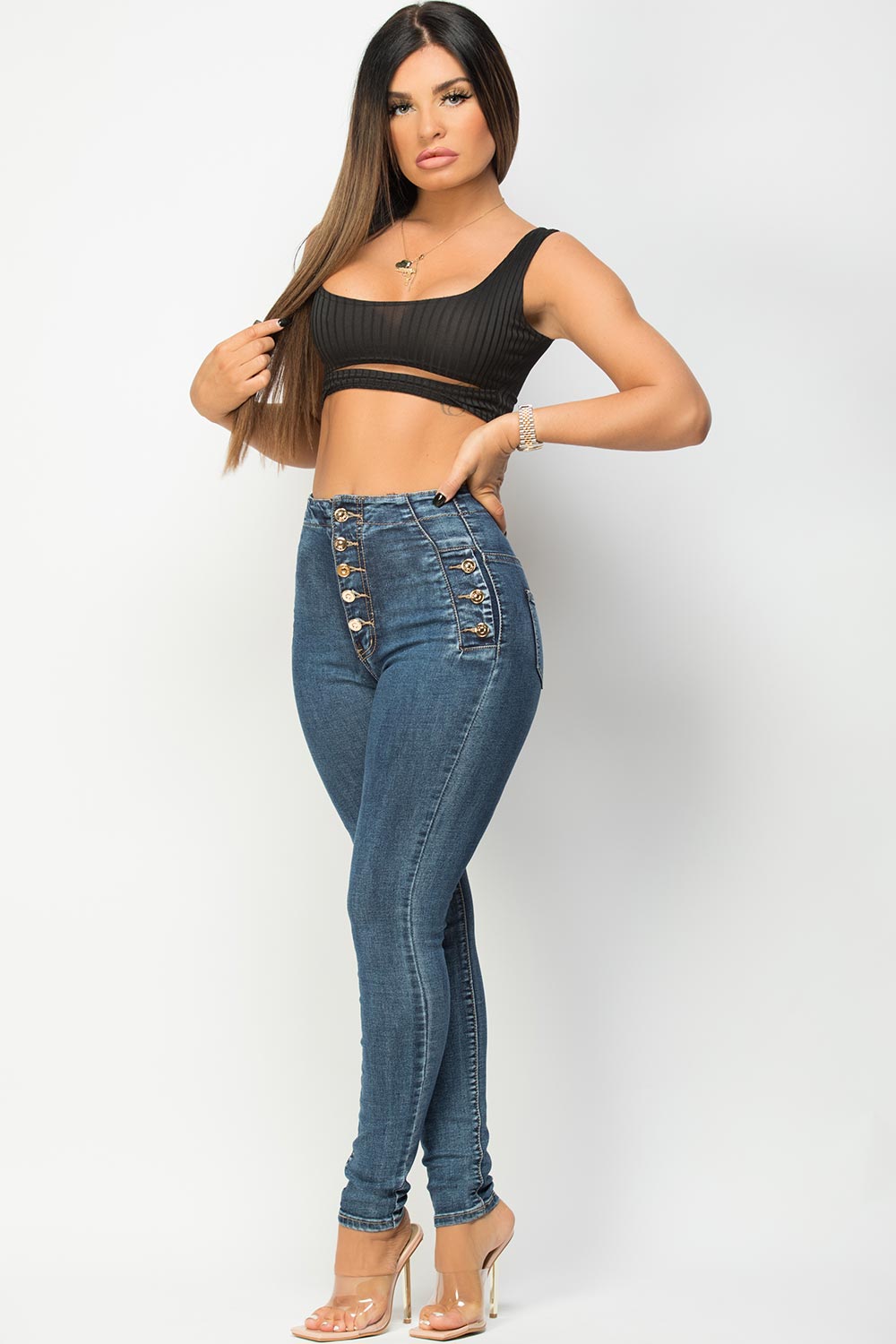 skinny high waisted jeans with gold buttons