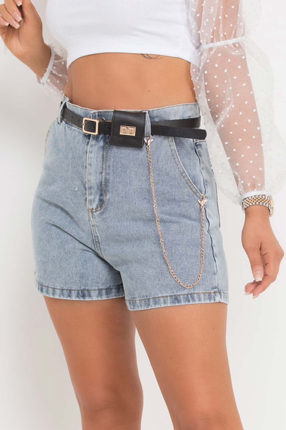 high waisted denim shorts with belt bag prada inspired