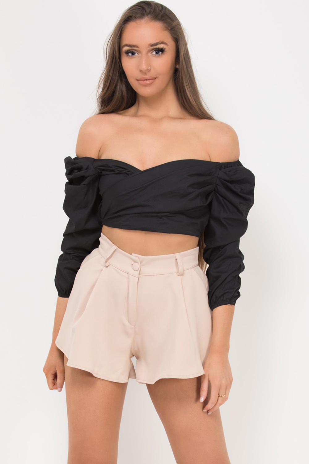 stone flared high waisted shorts